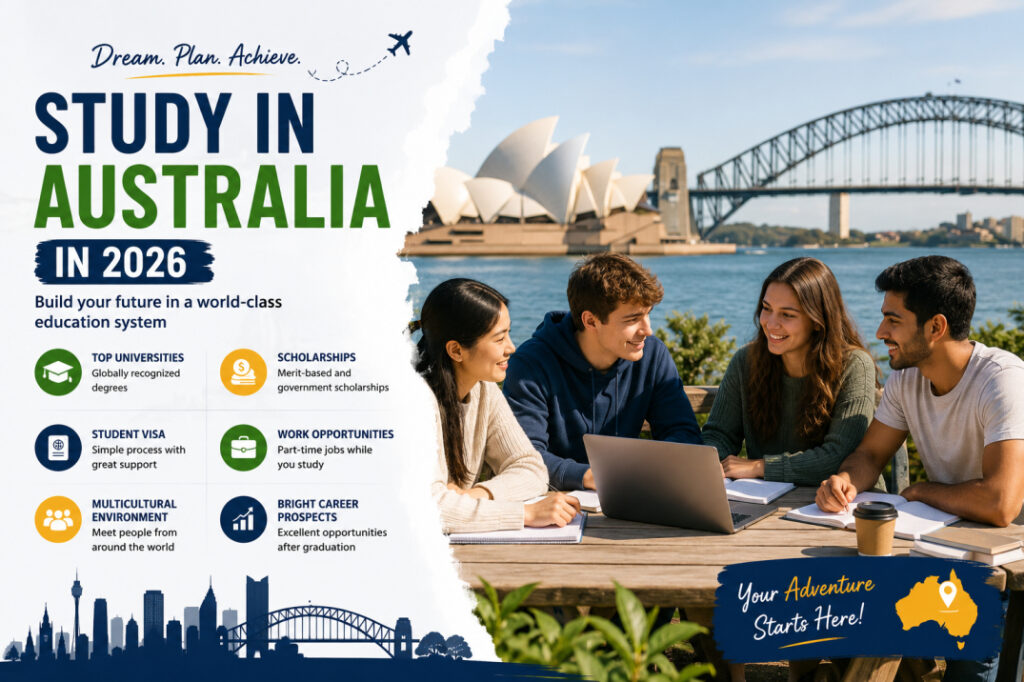 Study in Australia guide showing scholarships, universities, and career opportunities for international students