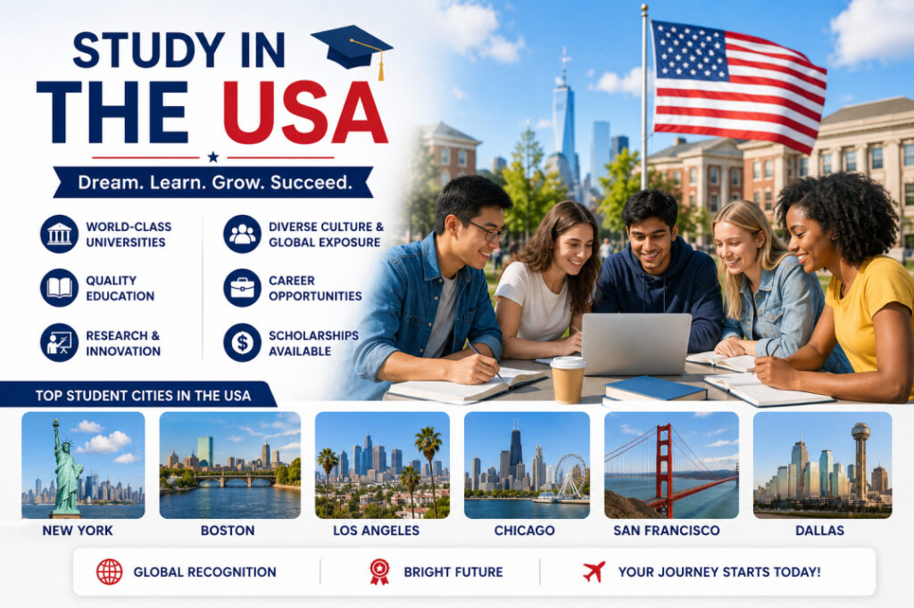 Benefits of study in the USA including top universities, scholarships, and student cities